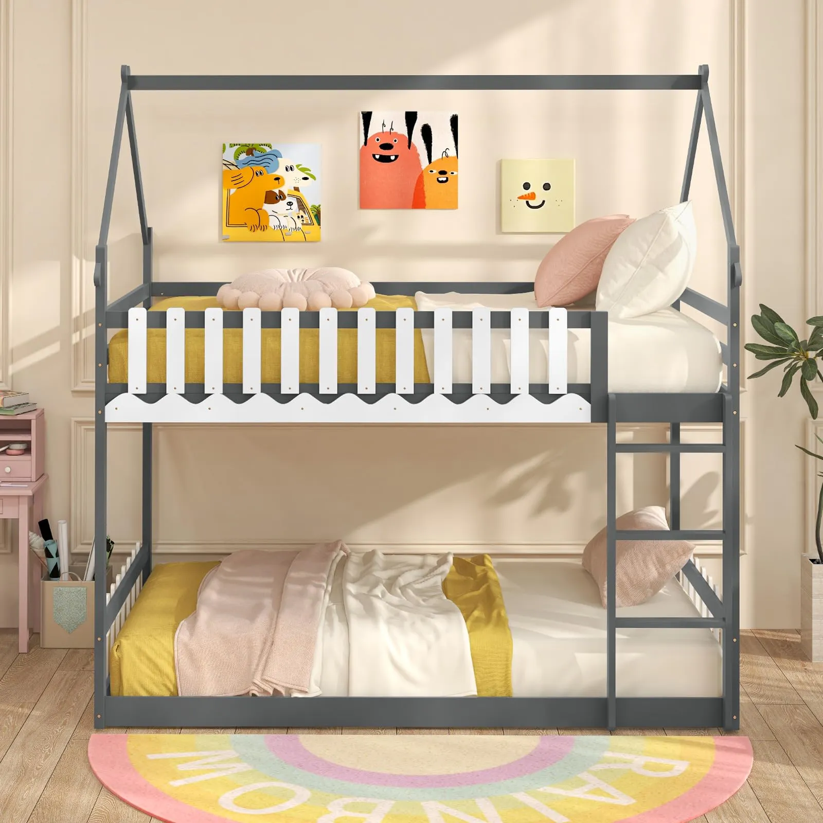 Giantex Bunk Bed Twin Over Twin, Wood House Low Bunk Bed with Ladder & Fence Safety Guardrail