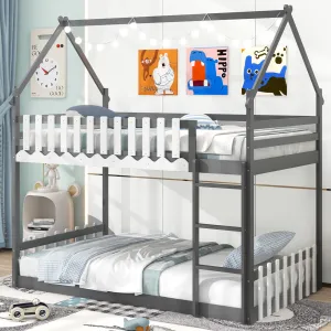 Giantex Bunk Bed Twin Over Twin, Wood House Low Bunk Bed with Ladder & Fence Safety Guardrail bed frame, queen bed