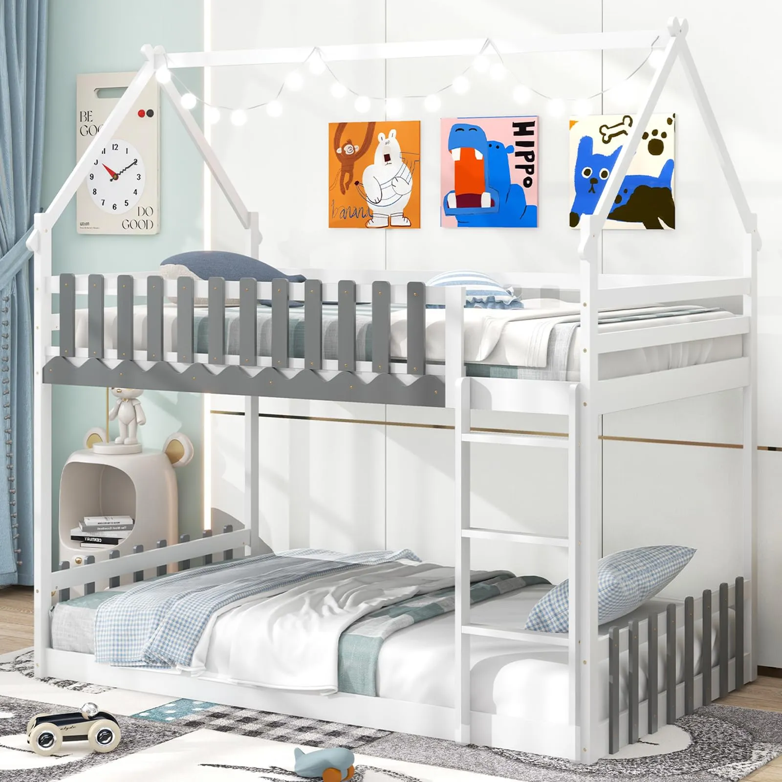 Giantex Bunk Bed Twin Over Twin, Wood House Low Bunk Bed with Ladder & Fence Safety Guardrail