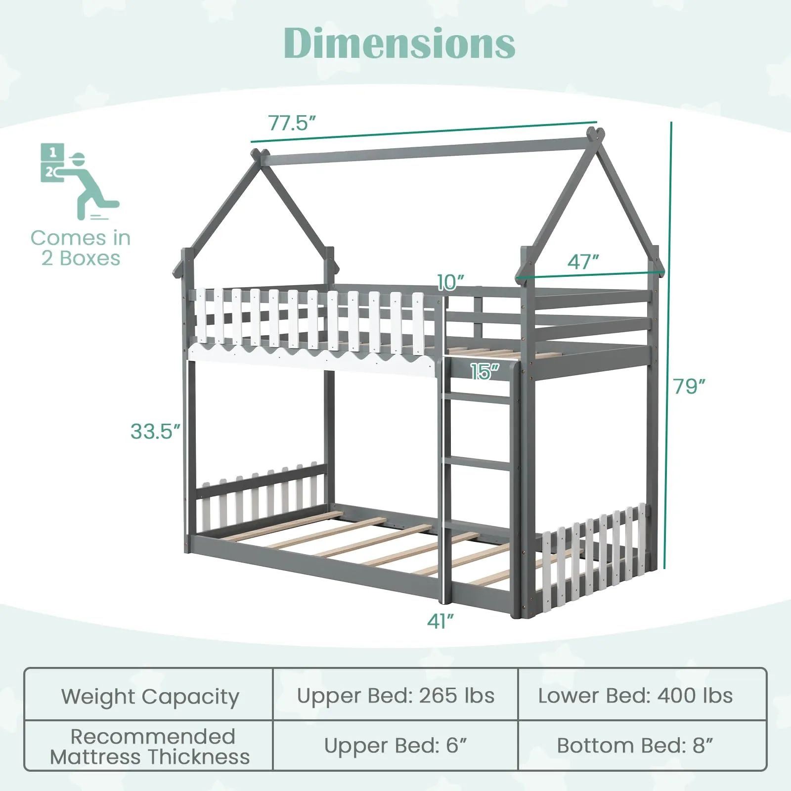 Giantex Bunk Bed Twin Over Twin, Wood House Low Bunk Bed with Ladder & Fence Safety Guardrail
