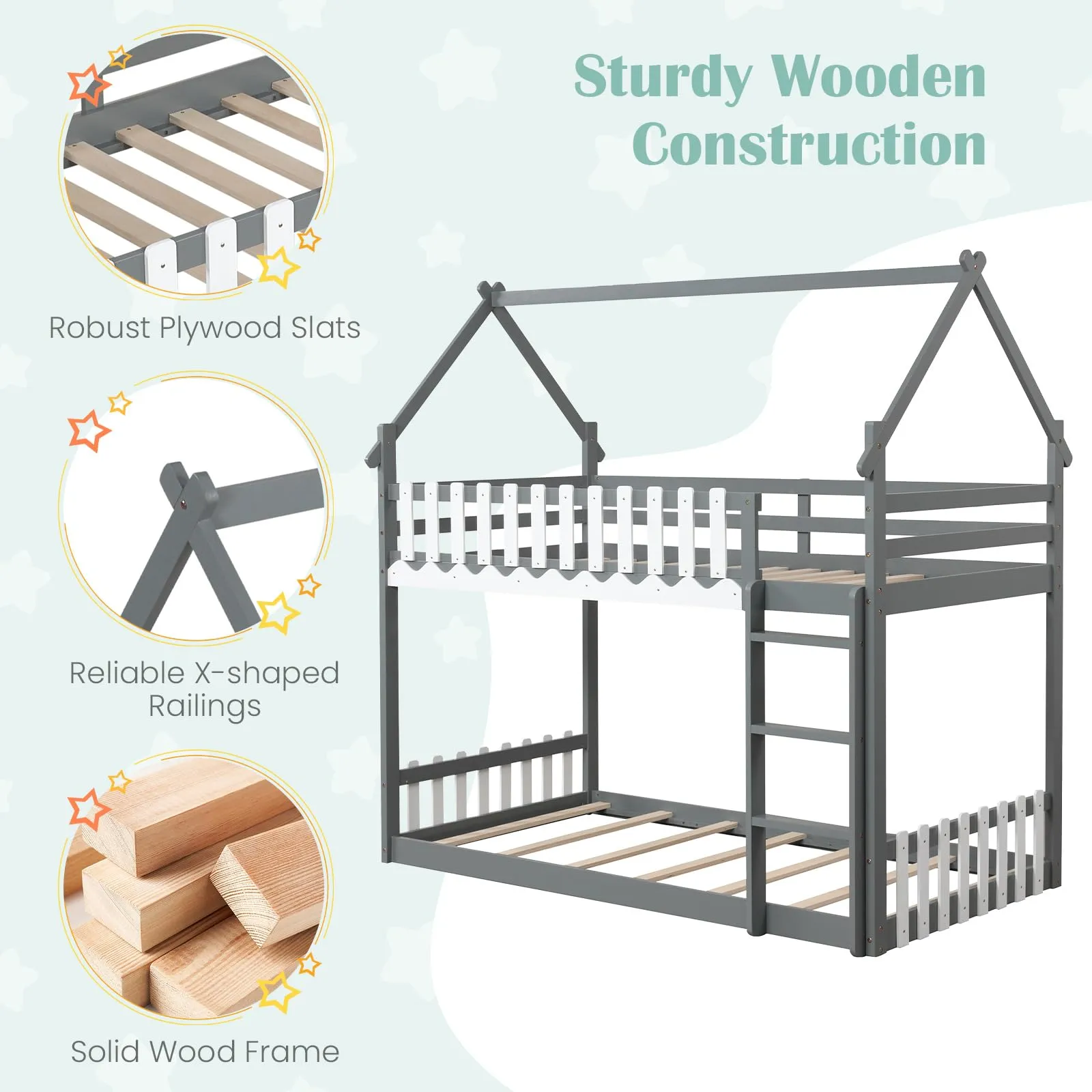 Giantex Bunk Bed Twin Over Twin, Wood House Low Bunk Bed with Ladder & Fence Safety Guardrail