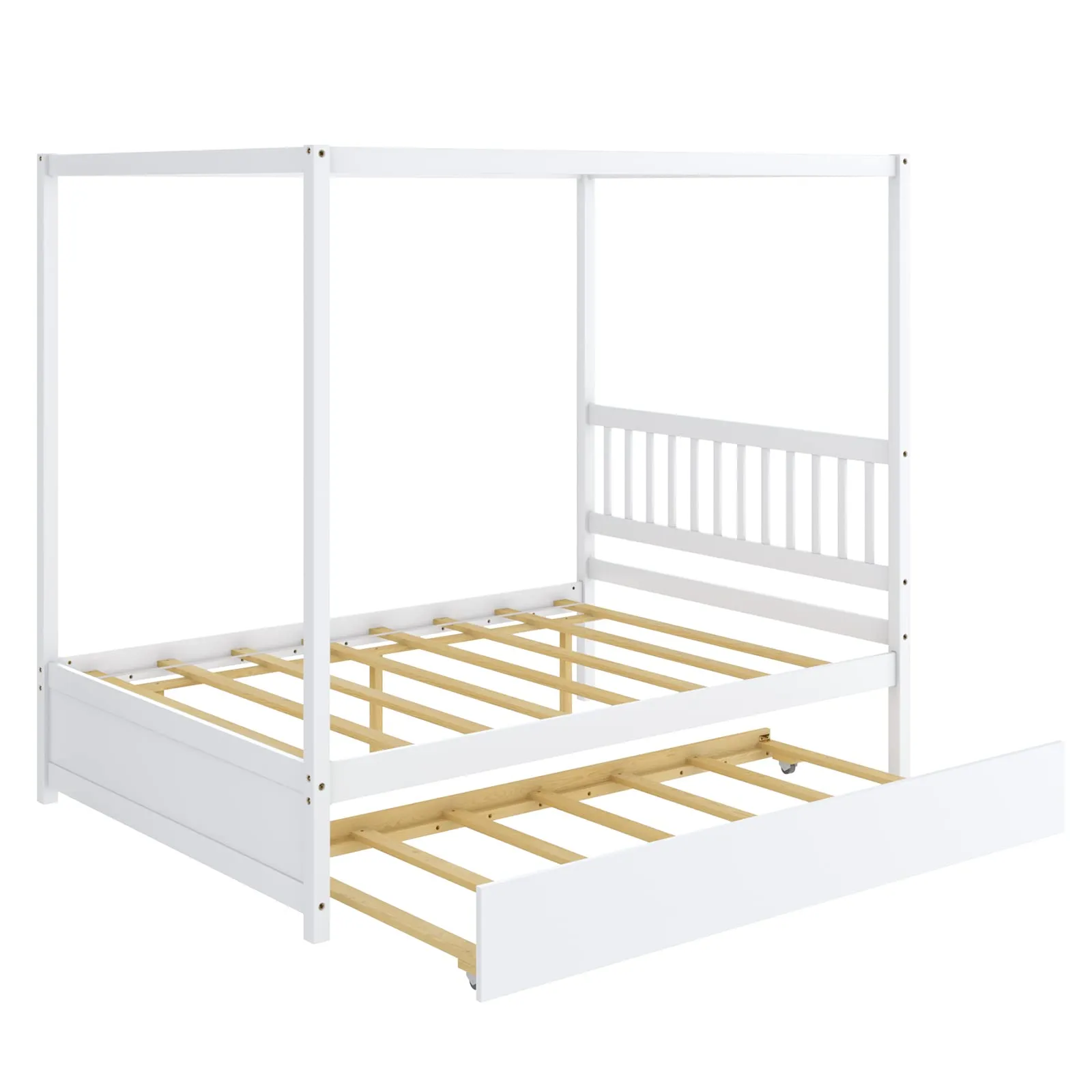 Giantex Canopy Bed w/ Trundle, Full Size Kids Solid Wood Platform Bed Frame