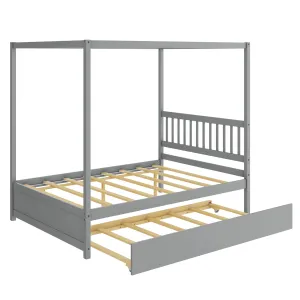 Giantex Canopy Bed w/ Trundle, Full Size Kids Solid Wood Platform Bed Frame bed frame, queen bed