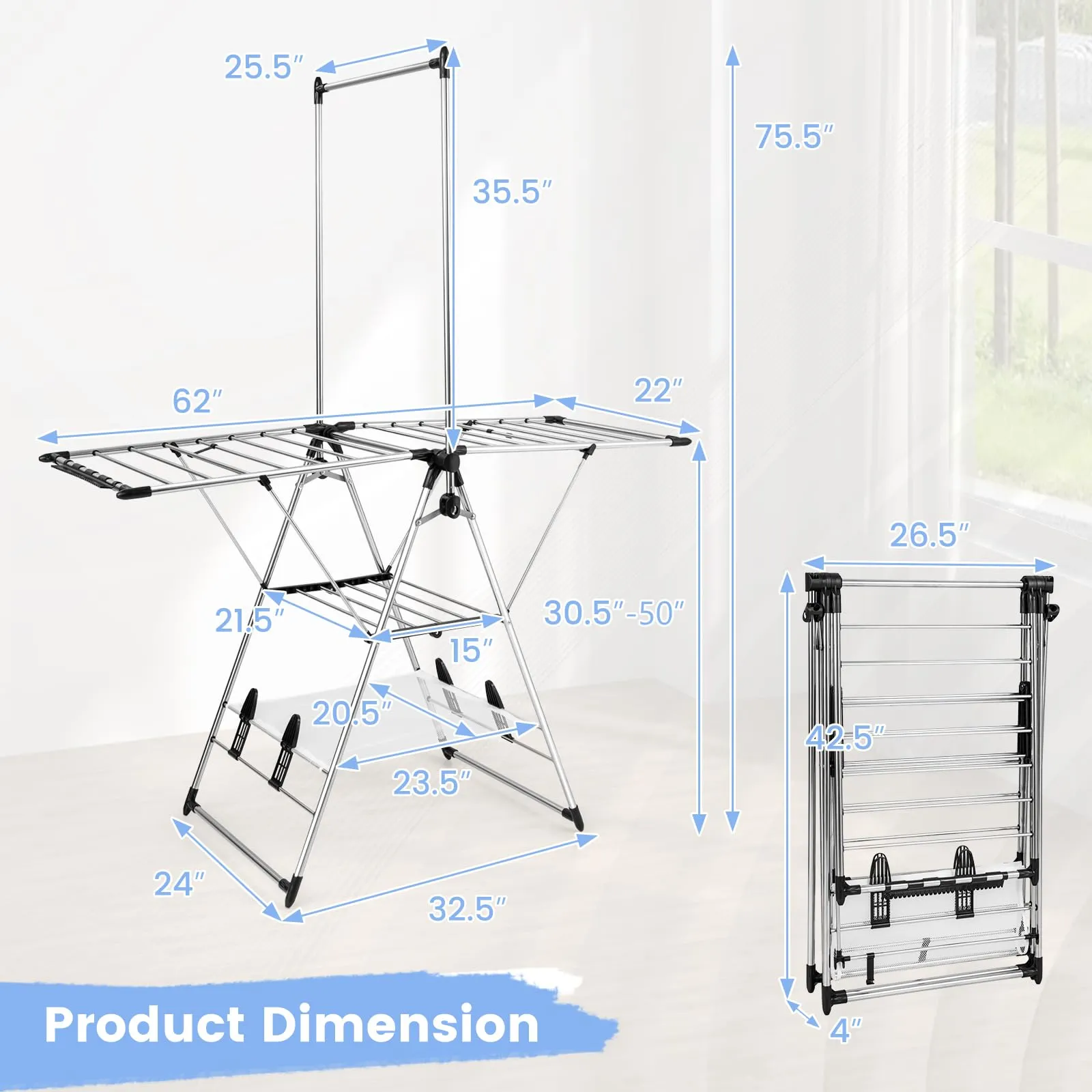 Giantex Clothes Drying Rack, Aluminum Foldable Laundry Drying Rack with with 6-Level Adjustable Height