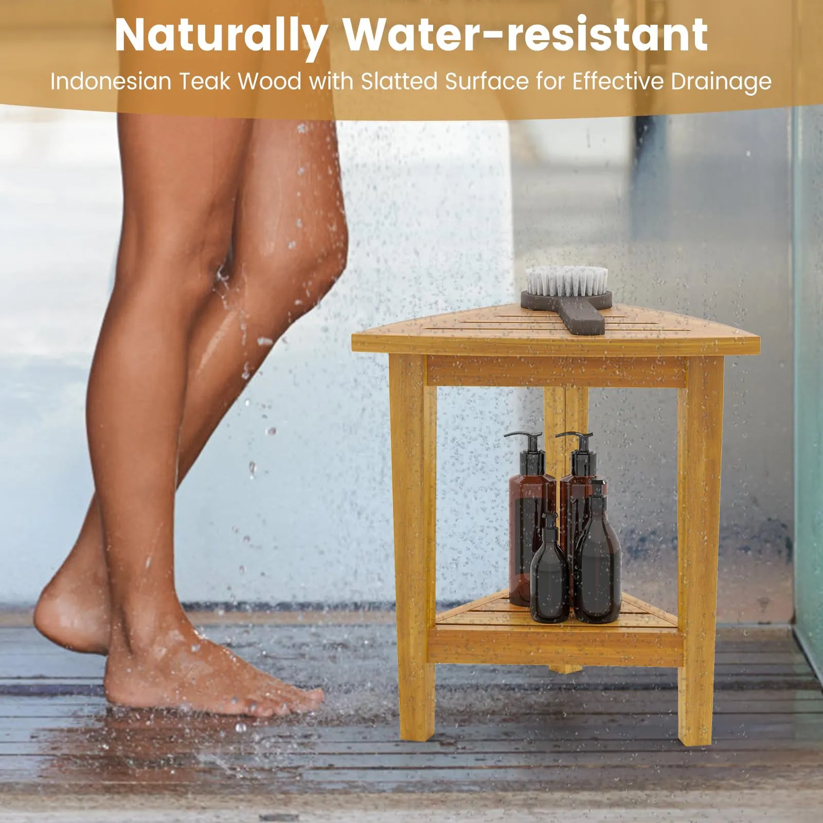 Giantex Corner Shower Bench - Teak Wood Shower Stool with Storage Shelf