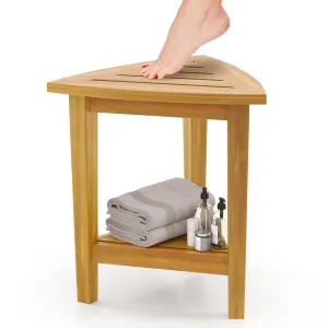 Giantex Corner Shower Bench - Teak Wood Shower Stool with Storage Shelf bathroom organizer, toilet brush holder