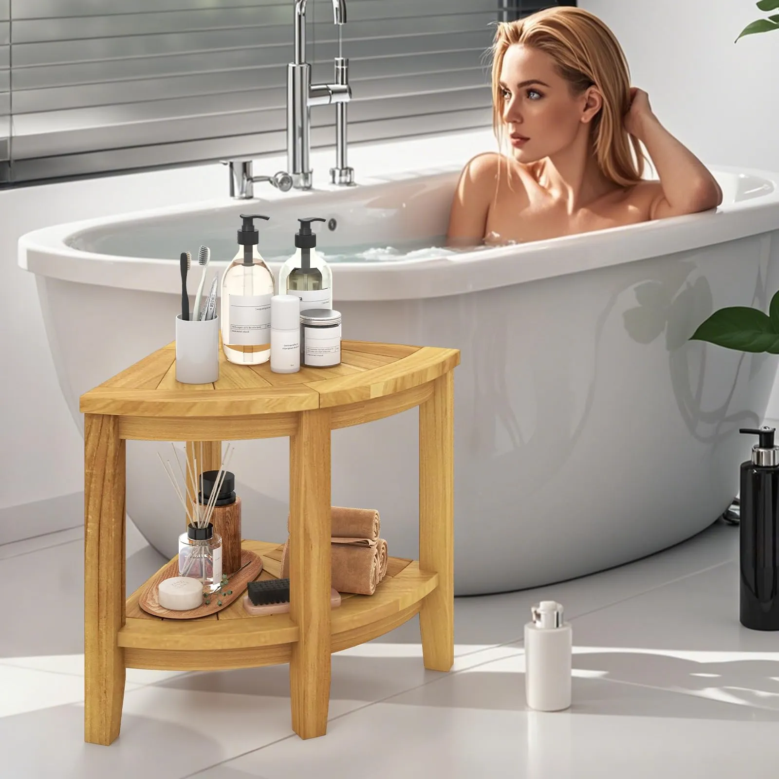 Giantex Corner Shower Stool - Teak Wood Shower Bench Seat with Storage Shelf for Shaving Legs