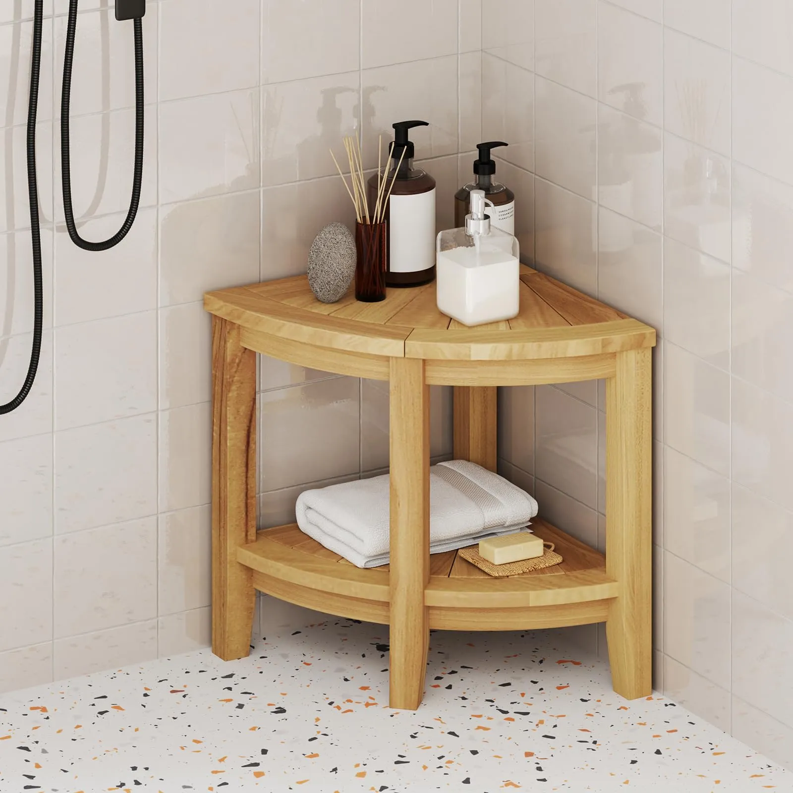 Giantex Corner Shower Stool - Teak Wood Shower Bench Seat with Storage Shelf for Shaving Legs