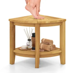 Giantex Corner Shower Stool - Teak Wood Shower Bench Seat with Storage Shelf for Shaving Legs bathroom organizer, toilet brush holder