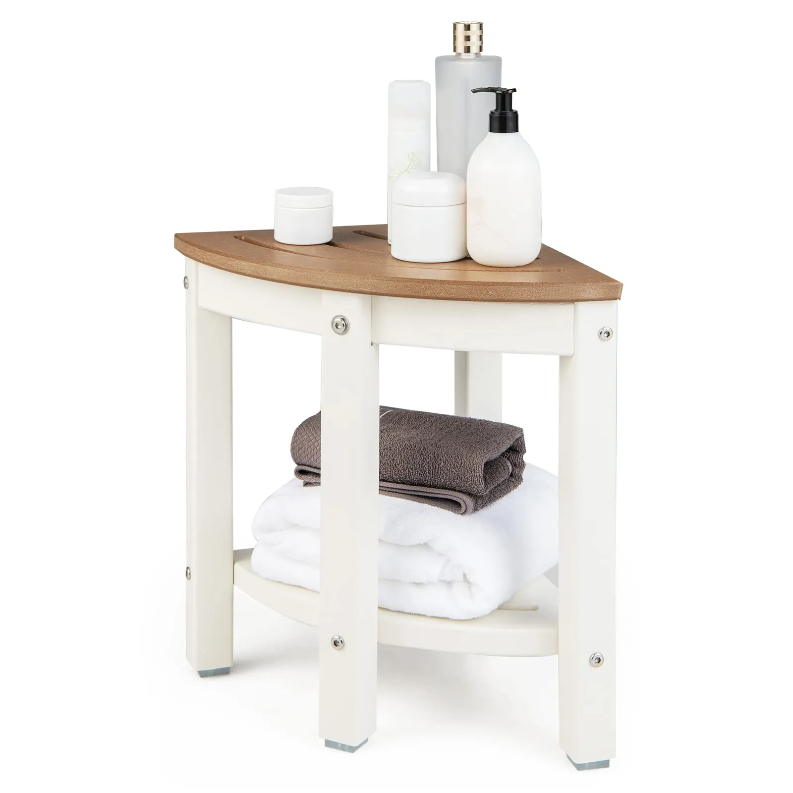 Giantex Corner Shower Stool Waterproof - HDPE Shower Bench Seat with Storage Shelf