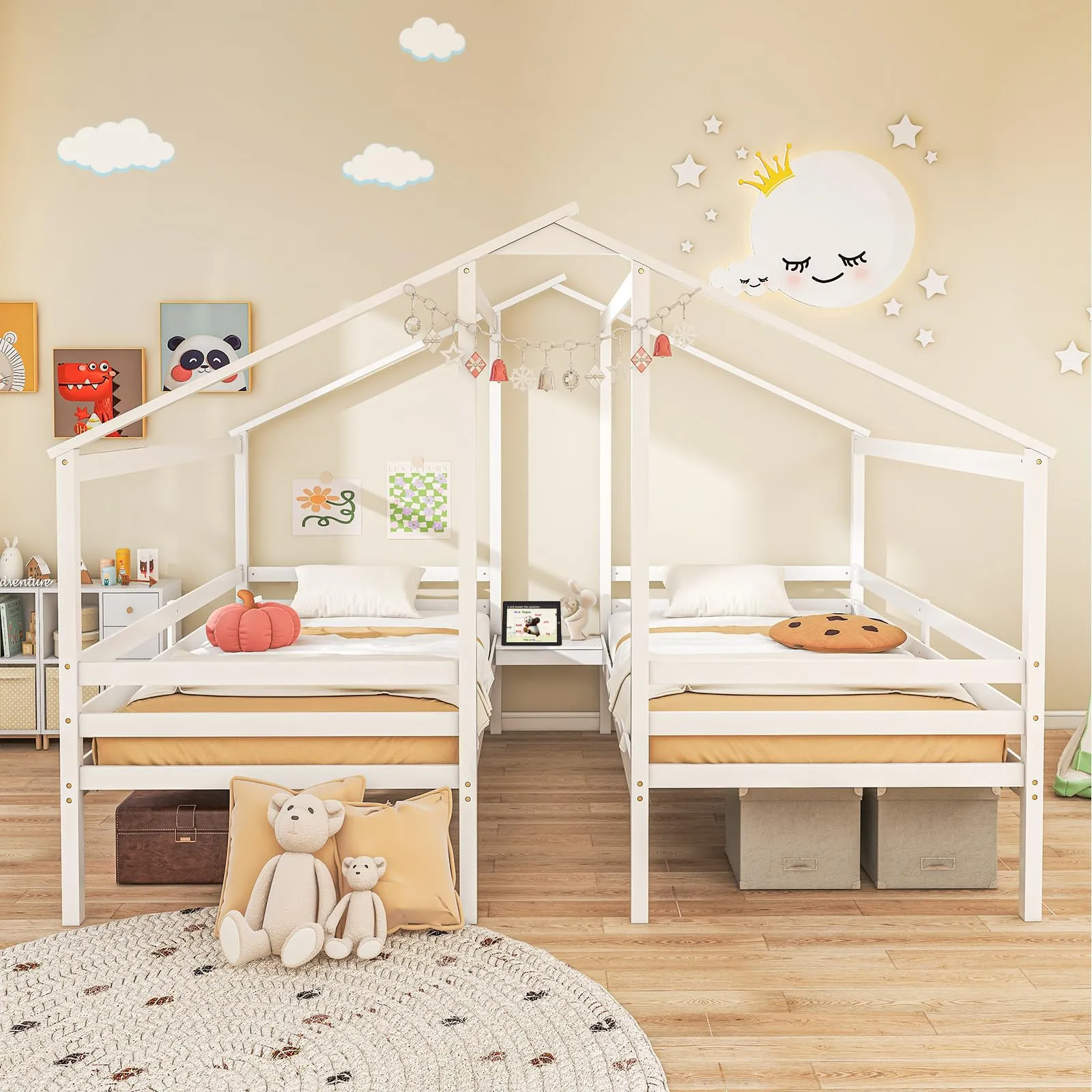 Giantex Double Twin Bed Frames for Kids, Wood House Shaped Platform with Built-in Nightstand & USB Port