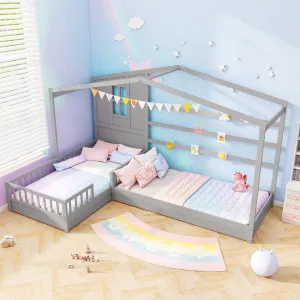 Giantex Double Twin Beds for Kids, House L-Shaped Platform Beds with Window & Fences bed frame, queen bed