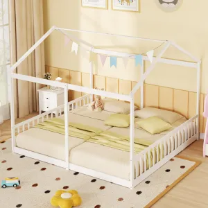 Giantex Double Twin Floor Beds for 2 Kids, Wood Twin Size House Beds with Safety Guardrails, White bed frame, queen bed