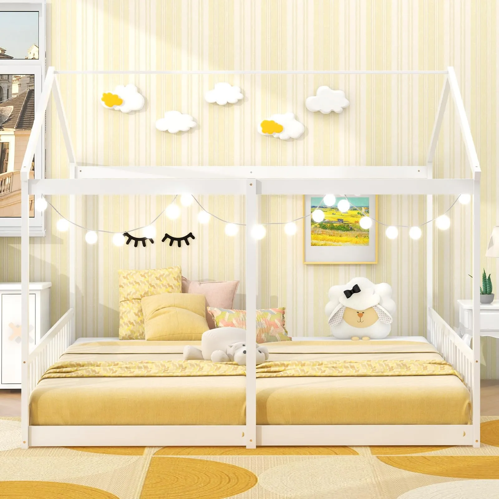 Giantex Double Twin Floor Beds for 2 Kids, Wood Twin Size House Beds with Safety Guardrails, White