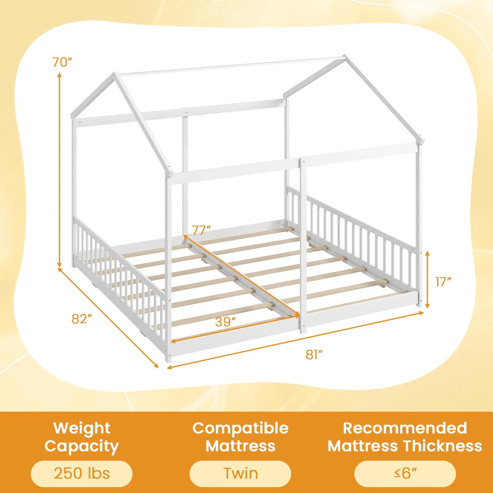 Giantex Double Twin Floor Beds for 2 Kids, Wood Twin Size House Beds with Safety Guardrails, White