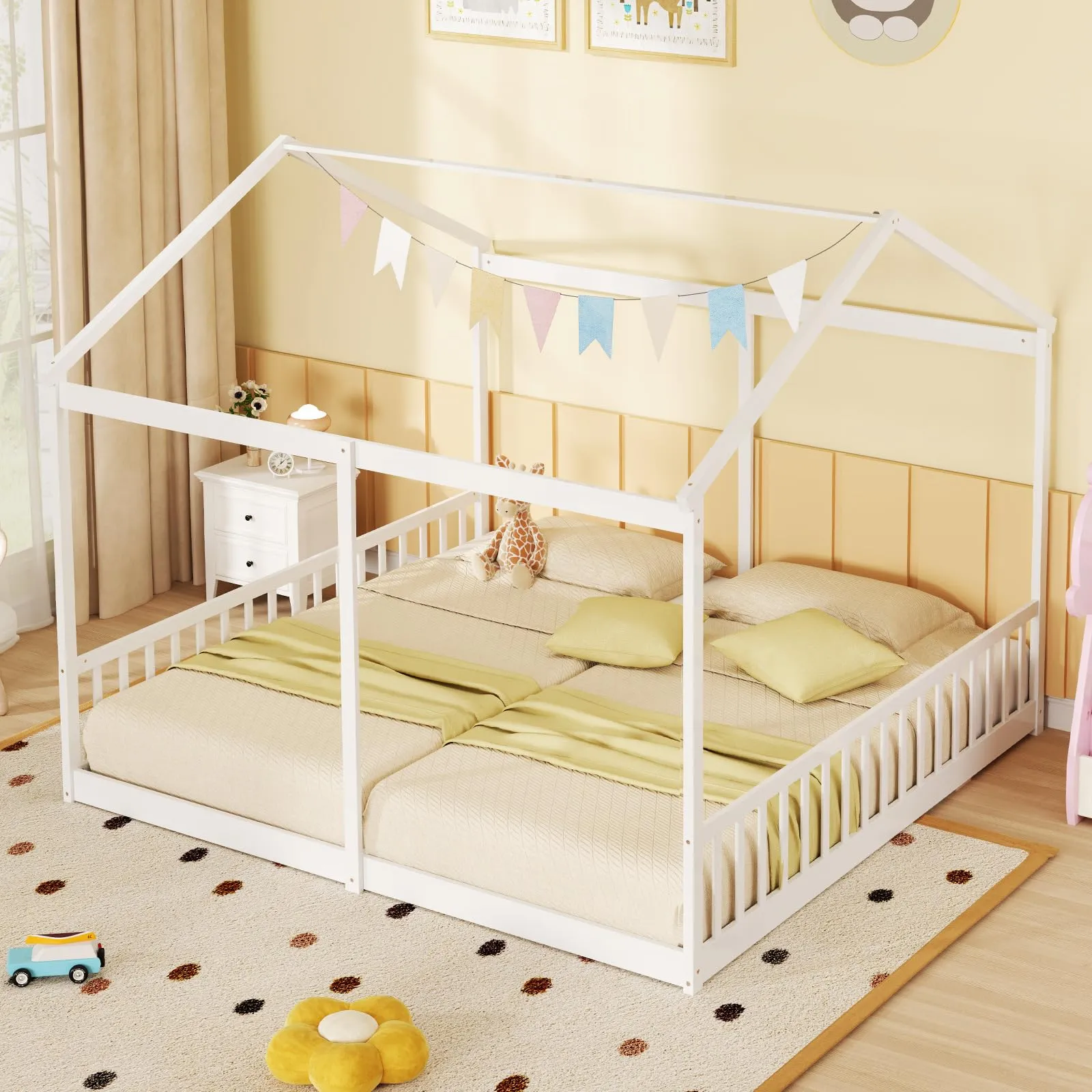 Giantex Double Twin Floor Beds for 2 Kids, Wood Twin Size House Beds with Safety Guardrails, White bed frame, queen bed