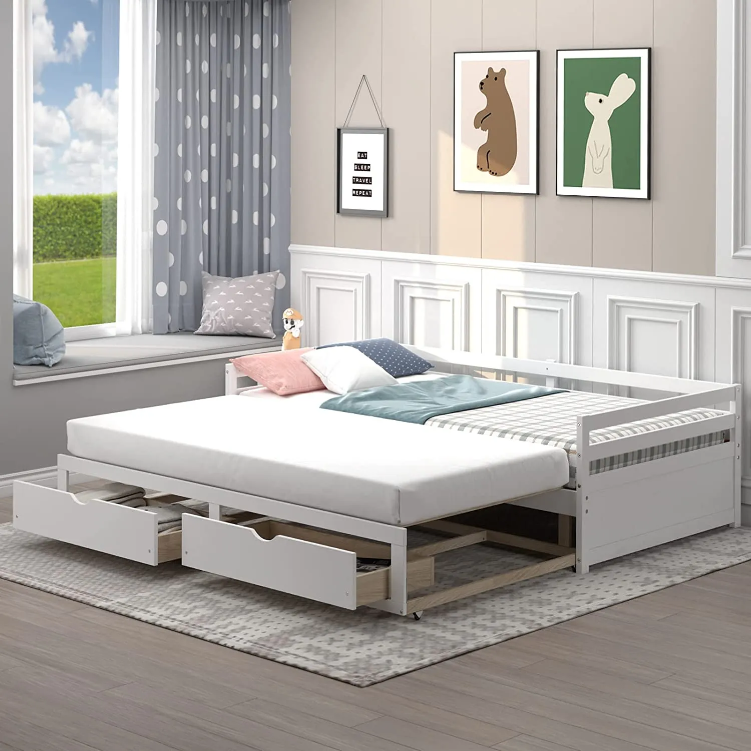 Giantex Extendable Daybed with Trundle and 2 Storage Drawers, Twin to King Daybed with Solid Wood Roll Out Bed Frame