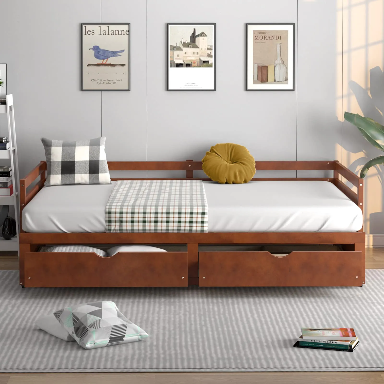 Giantex Extendable Daybed with Trundle and 2 Storage Drawers, Twin to King Daybed with Solid Wood Roll Out Bed Frame
