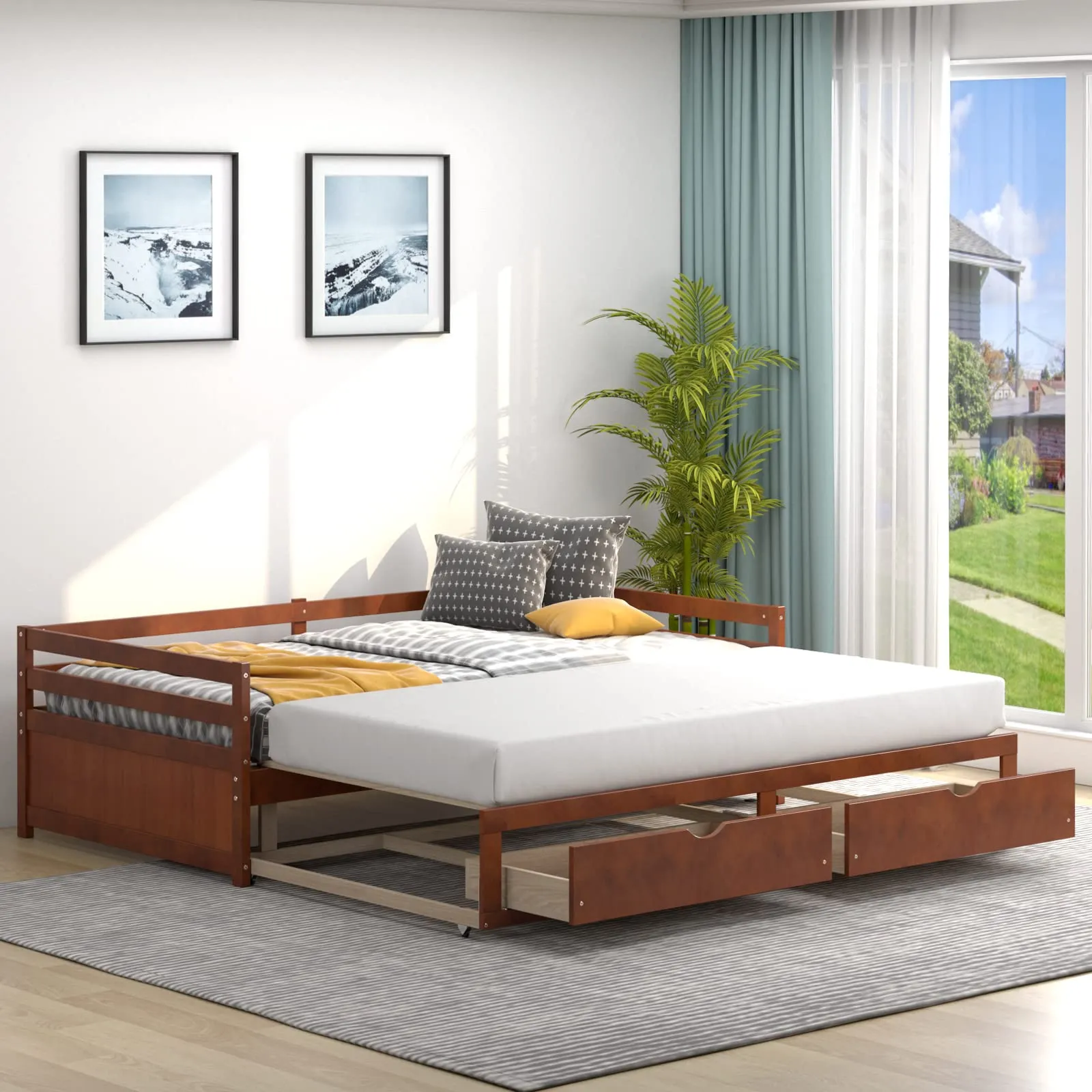 Giantex Extendable Daybed with Trundle and 2 Storage Drawers, Twin to King Daybed with Solid Wood Roll Out Bed Frame