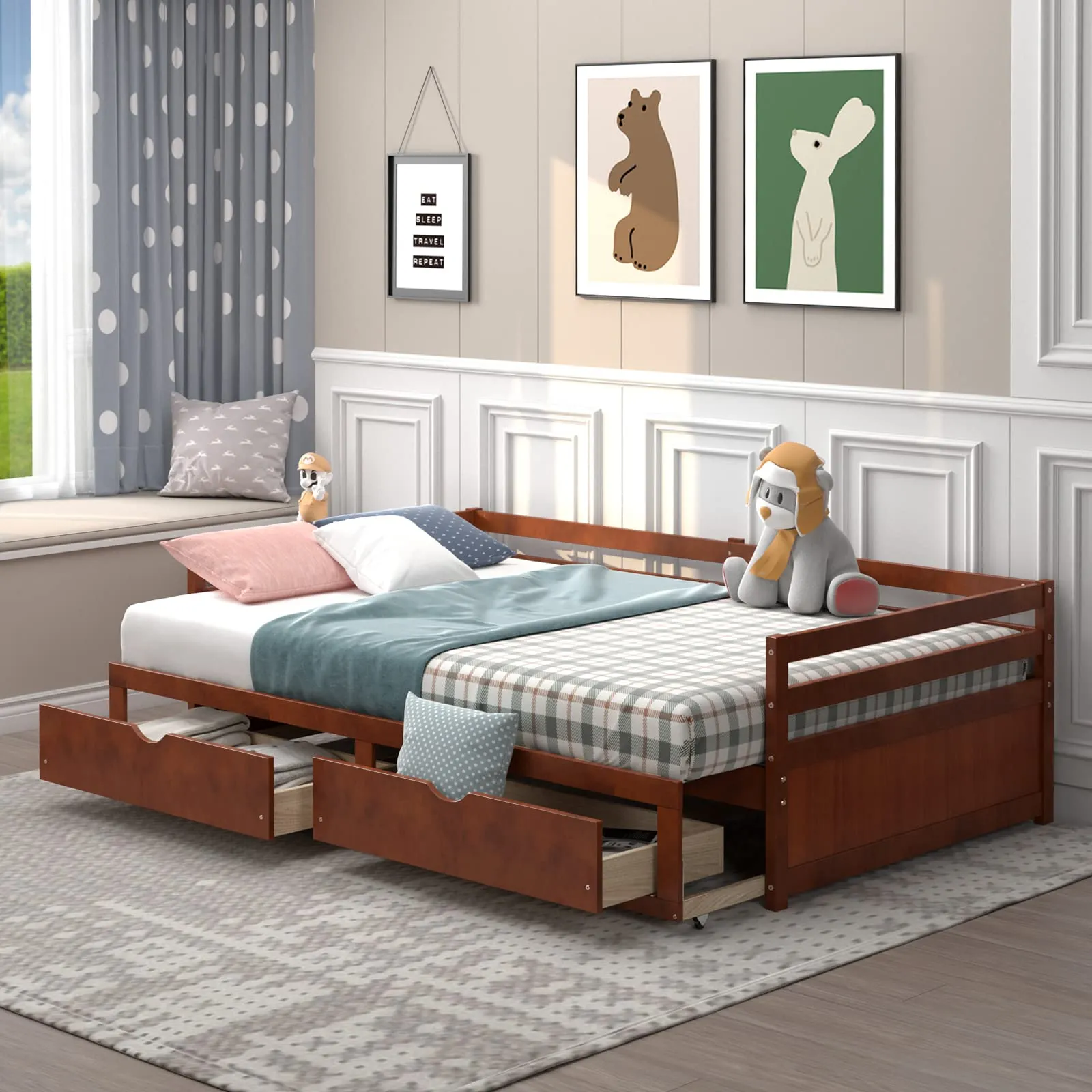 Giantex Extendable Daybed with Trundle and 2 Storage Drawers, Twin to King Daybed with Solid Wood Roll Out Bed Frame