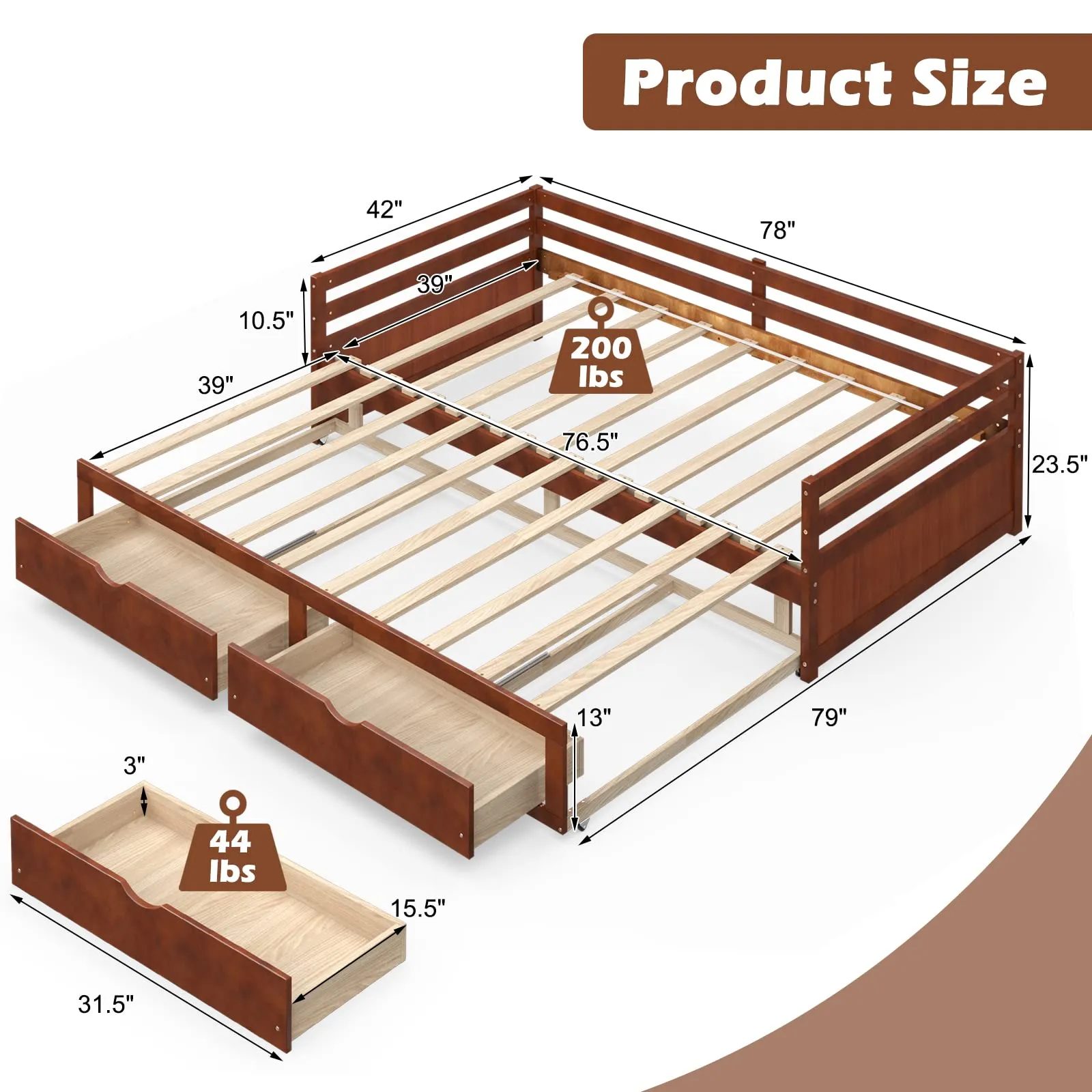 Giantex Extendable Daybed with Trundle and 2 Storage Drawers, Twin to King Daybed with Solid Wood Roll Out Bed Frame