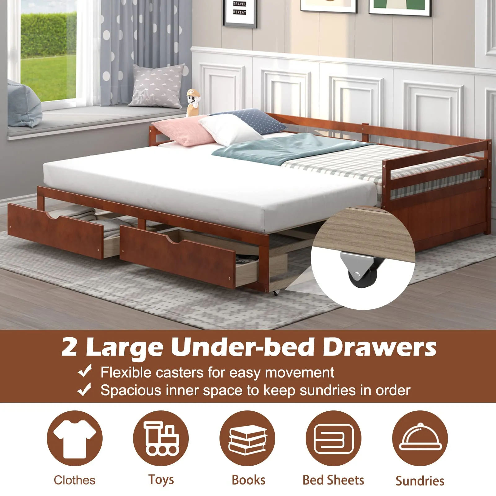 Giantex Extendable Daybed with Trundle and 2 Storage Drawers, Twin to King Daybed with Solid Wood Roll Out Bed Frame