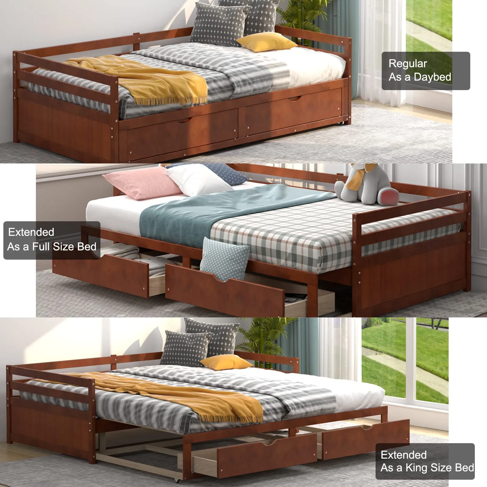 Giantex Extendable Daybed with Trundle and 2 Storage Drawers, Twin to King Daybed with Solid Wood Roll Out Bed Frame