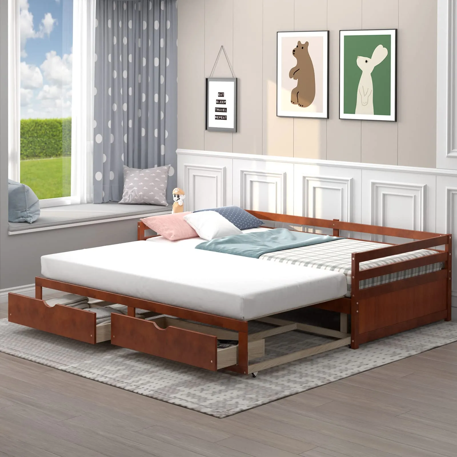 Giantex Extendable Daybed with Trundle and 2 Storage Drawers, Twin to King Daybed with Solid Wood Roll Out Bed Frame