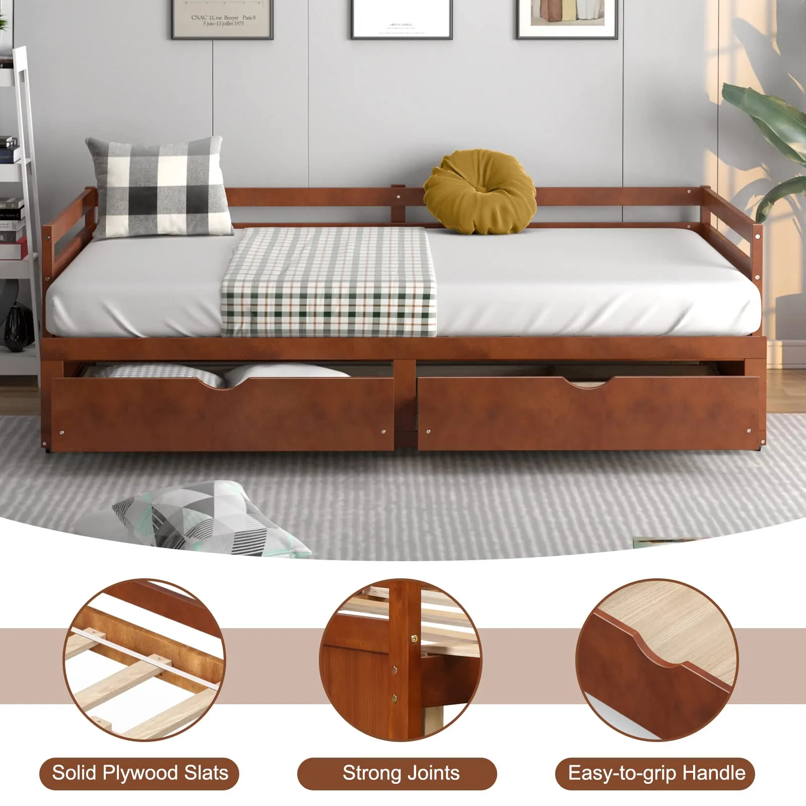 Giantex Extendable Daybed with Trundle and 2 Storage Drawers, Twin to King Daybed with Solid Wood Roll Out Bed Frame