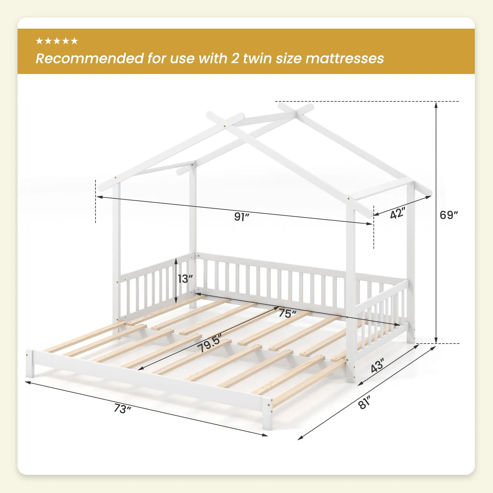 Giantex Extendable House Bed for Kids, Twin to King Daybed with Roof & Fence Rails, Wood Kids Bed Frame for Teens
