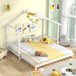 Giantex Extendable House Bed for Kids, Twin to King Daybed with Roof & Fence Rails, Wood Kids Bed Frame for Teens bed frame, queen bed