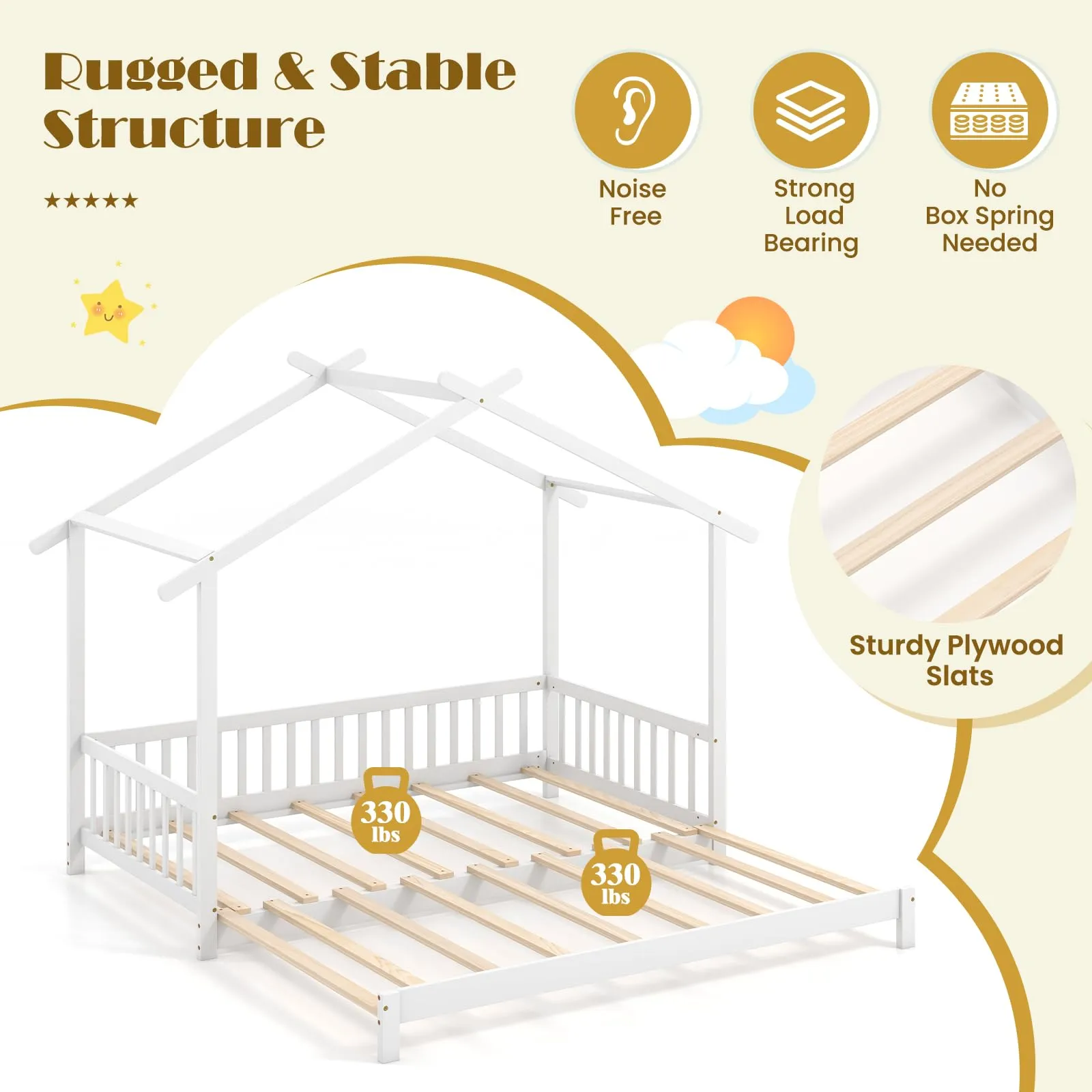 Giantex Extendable House Bed for Kids, Twin to King Daybed with Roof & Fence Rails, Wood Kids Bed Frame for Teens