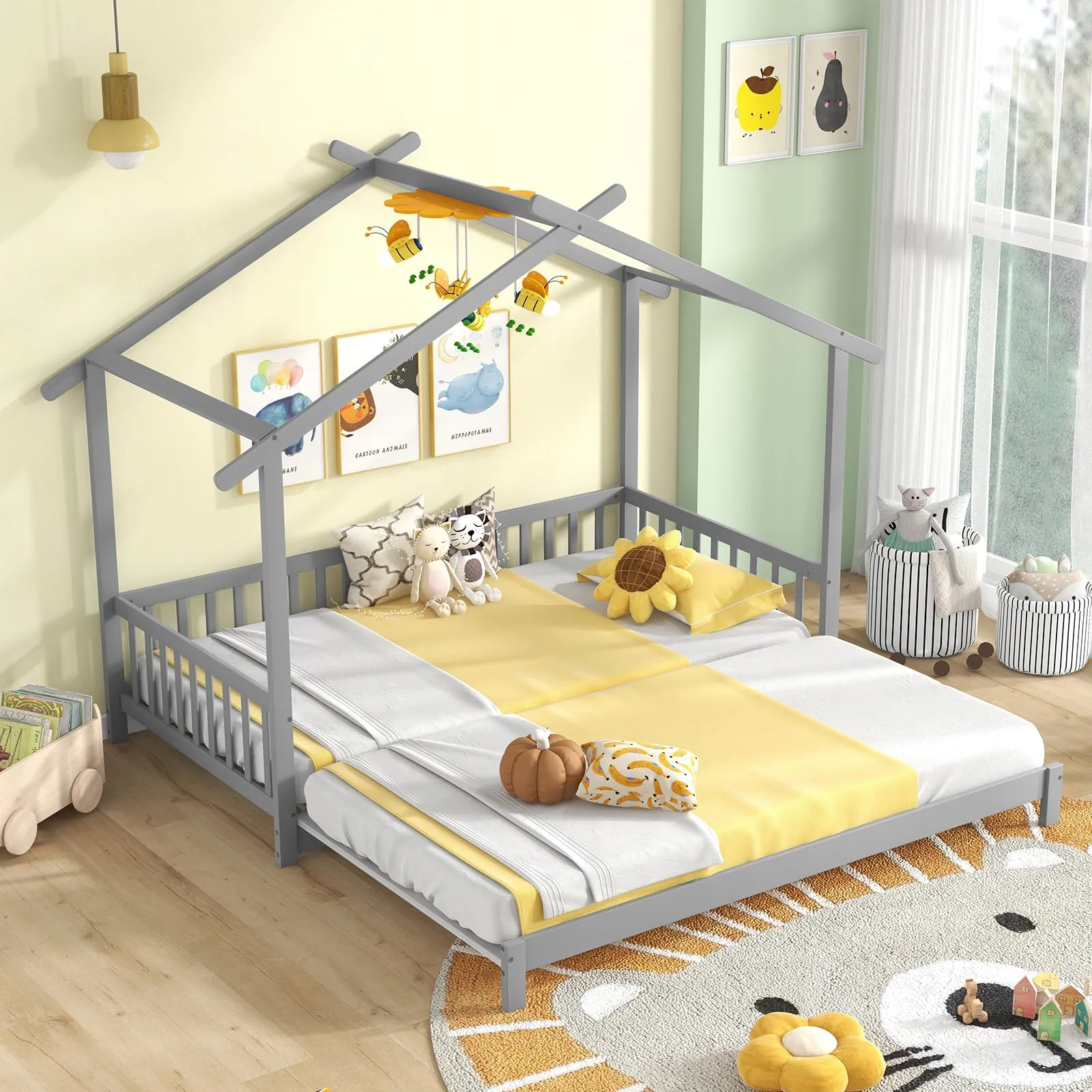Giantex Extendable House Bed for Kids, Twin to King Daybed with Roof & Fence Rails, Wood Kids Bed Frame for Teens