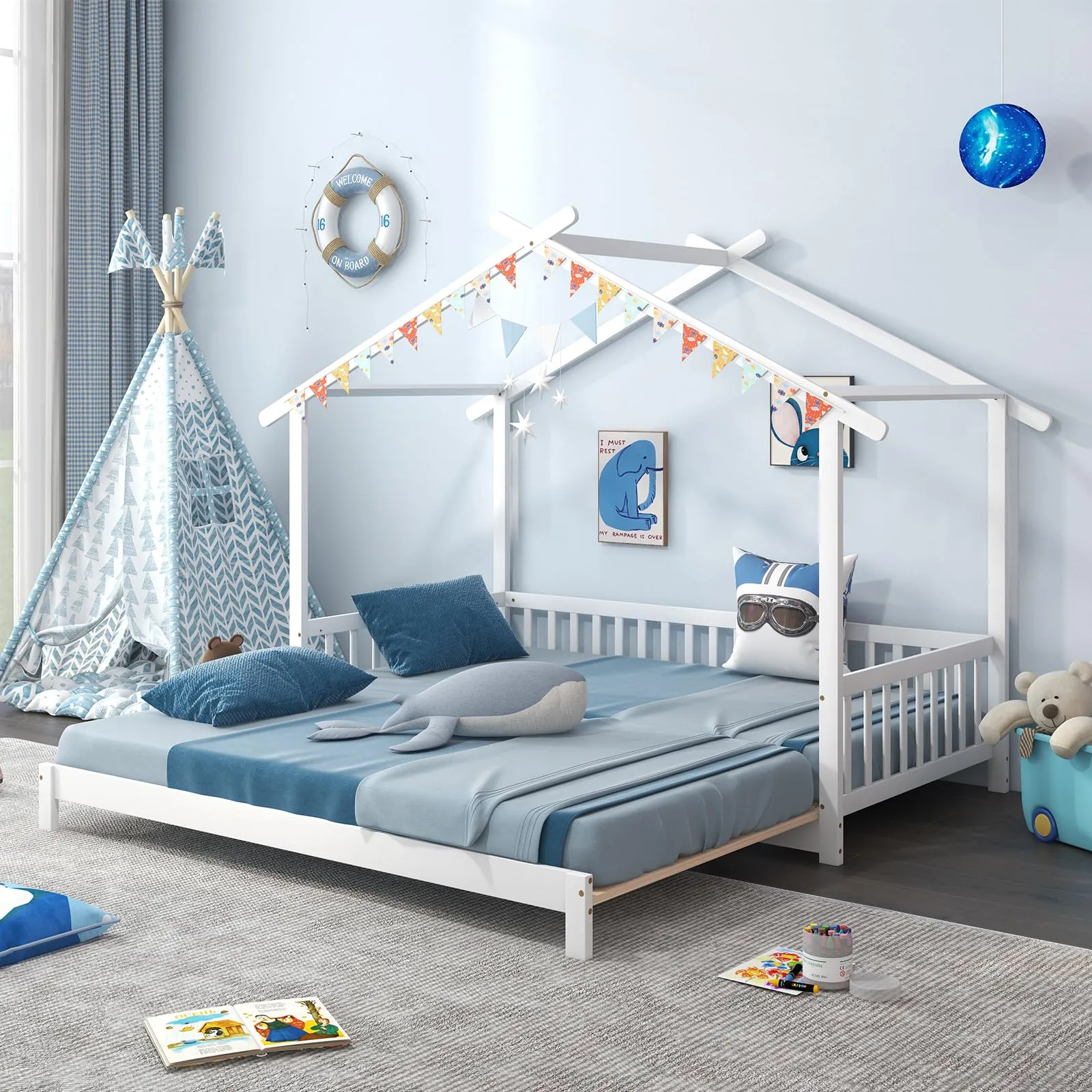 Giantex Extendable House Bed for Kids, Twin to King Daybed with Roof & Fence Rails, Wood Kids Bed Frame for Teens