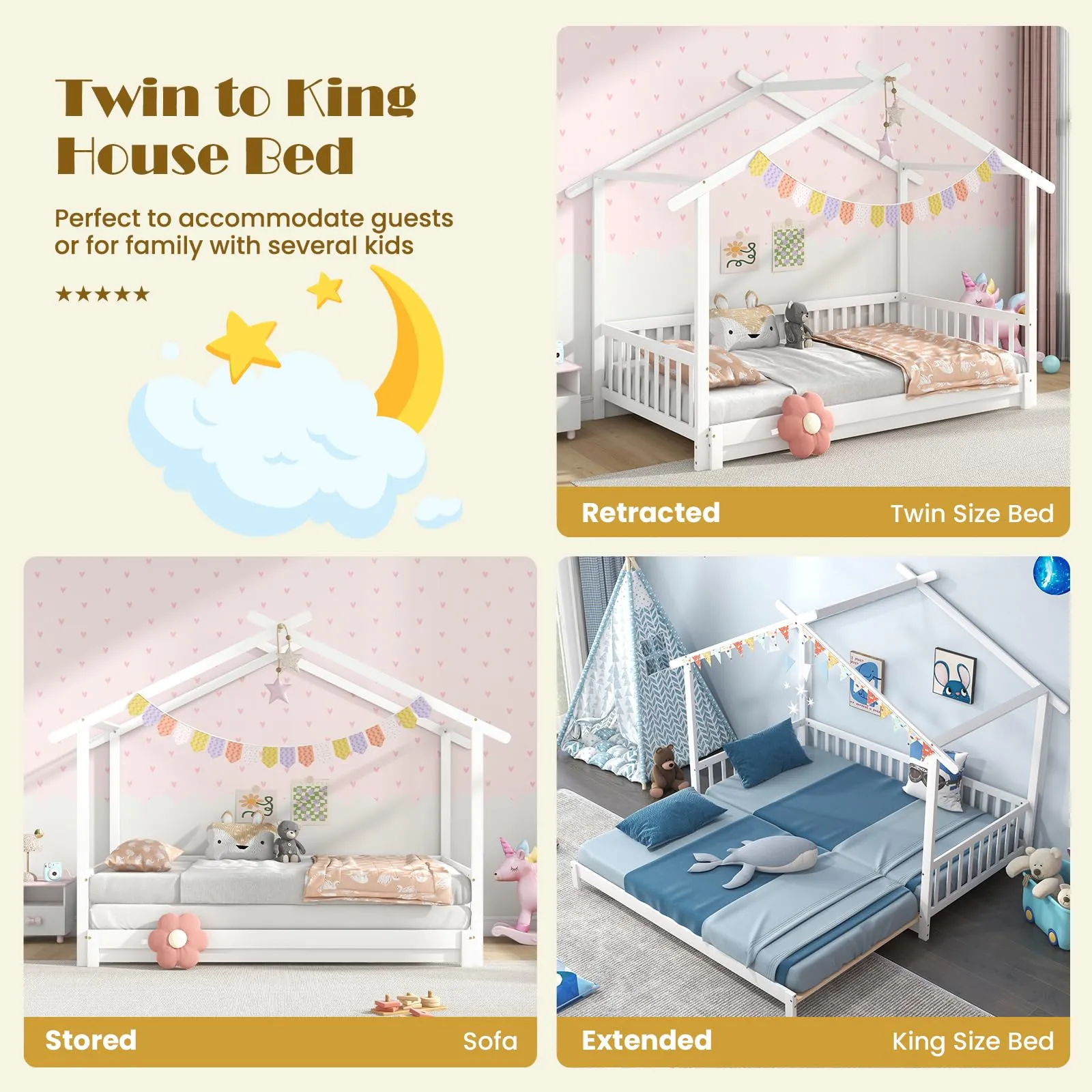 Giantex Extendable House Bed for Kids, Twin to King Daybed with Roof & Fence Rails, Wood Kids Bed Frame for Teens