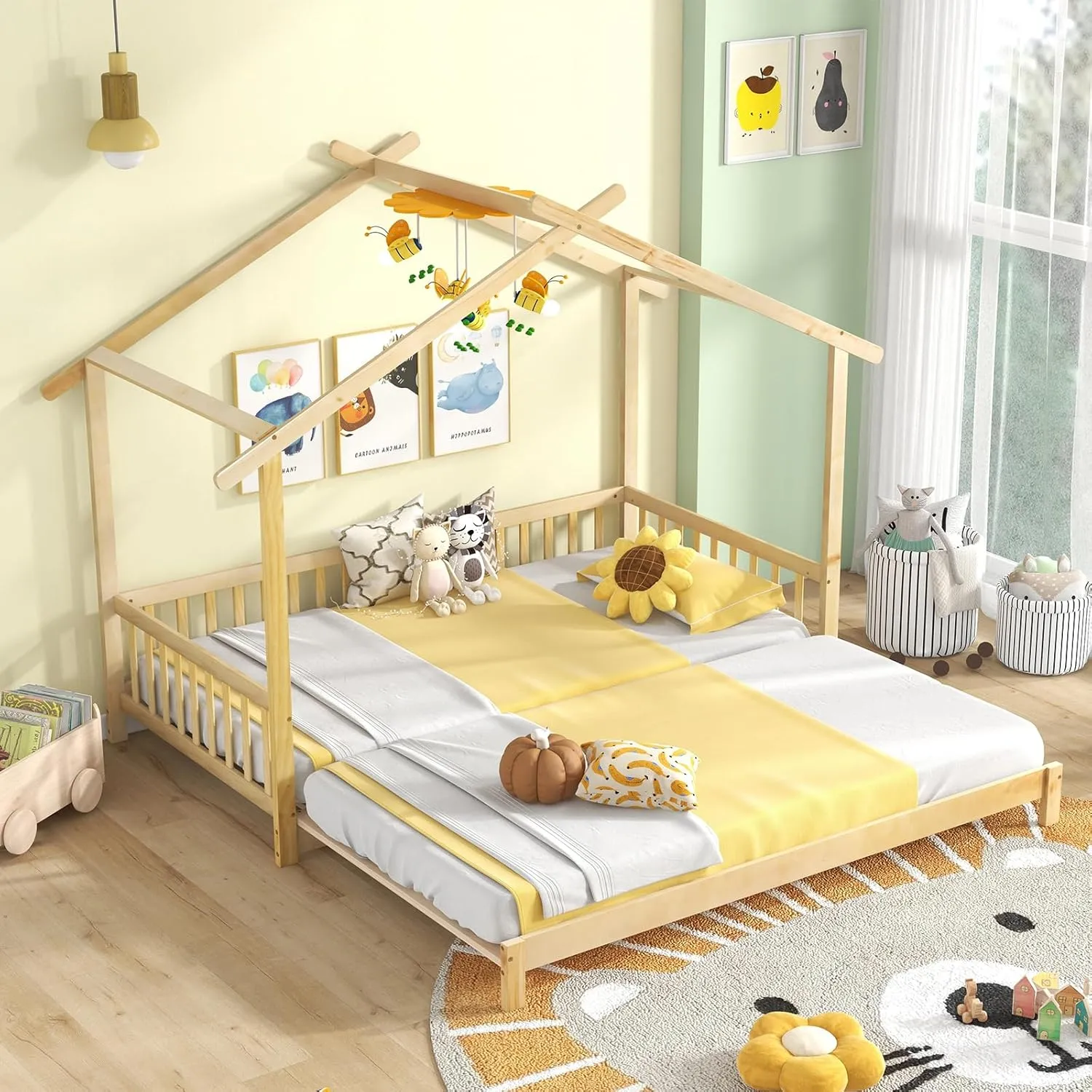 Giantex Extendable House Bed for Kids, Twin to King Daybed with Roof & Fence Rails, Wood Kids Bed Frame for Teens