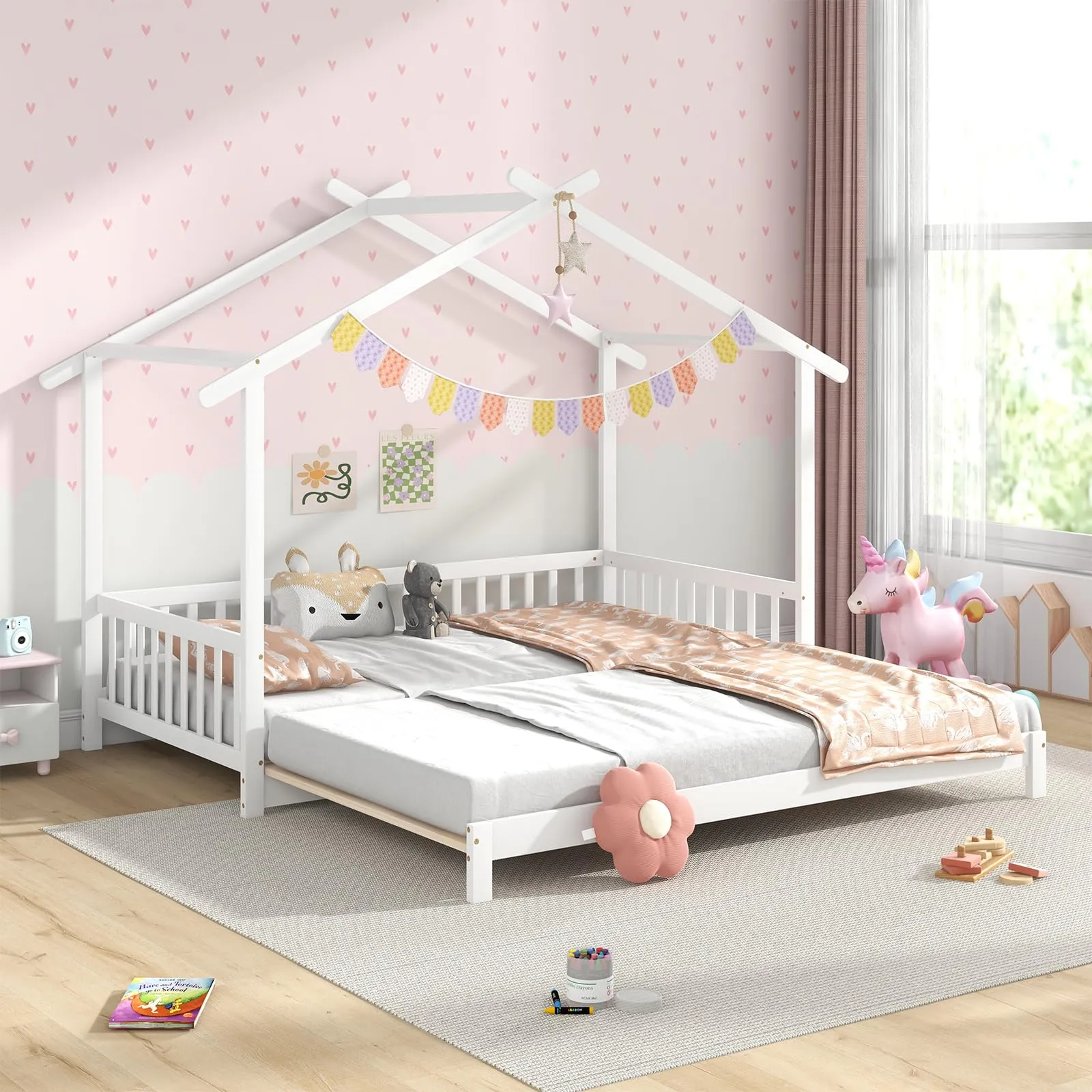 Giantex Extendable House Bed for Kids, Twin to King Daybed with Roof & Fence Rails, Wood Kids Bed Frame for Teens