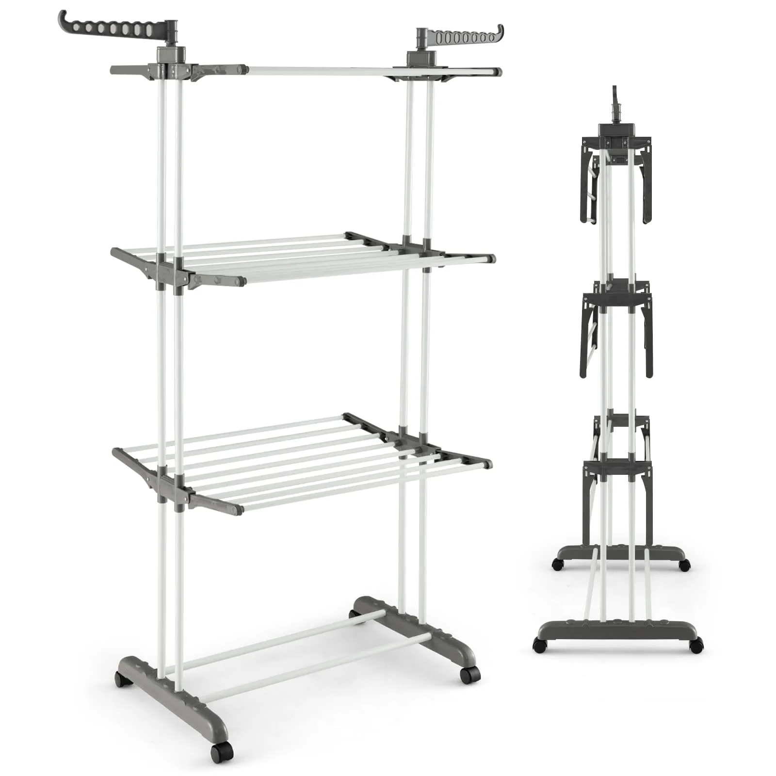 Giantex Foldable Clothes Drying Rack, Oversized 4-Tier Collapsible Laundry Rack w/ 3 Retractable Trays bathroom organizer, toilet brush holder