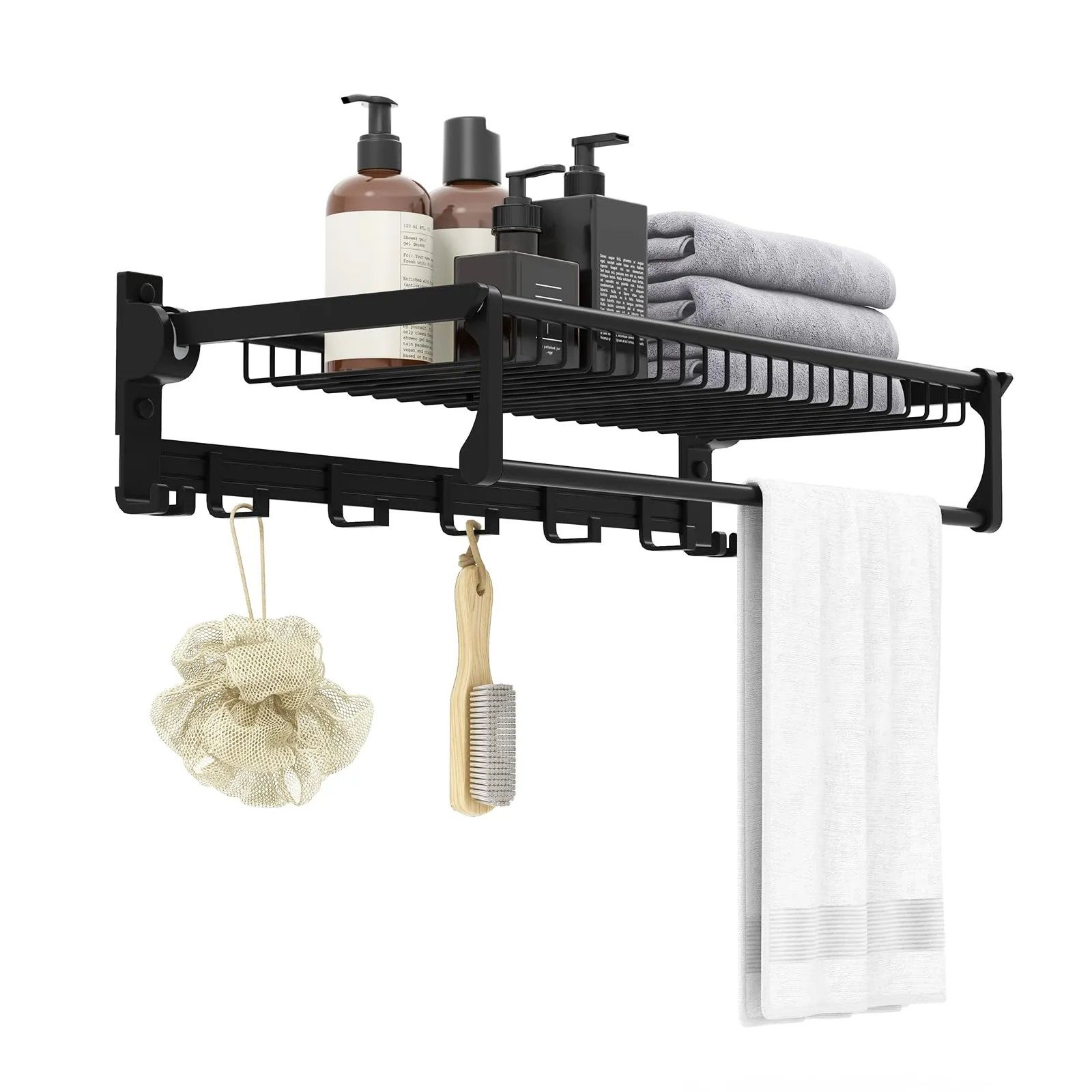 Giantex Foldable Towel Rack for Bathroom, Wall Mounted Towel Holder Organizer w/ 1 Basket, 1 Towel Bar & 5 Sliding Hooks bathroom organizer, toilet brush holder