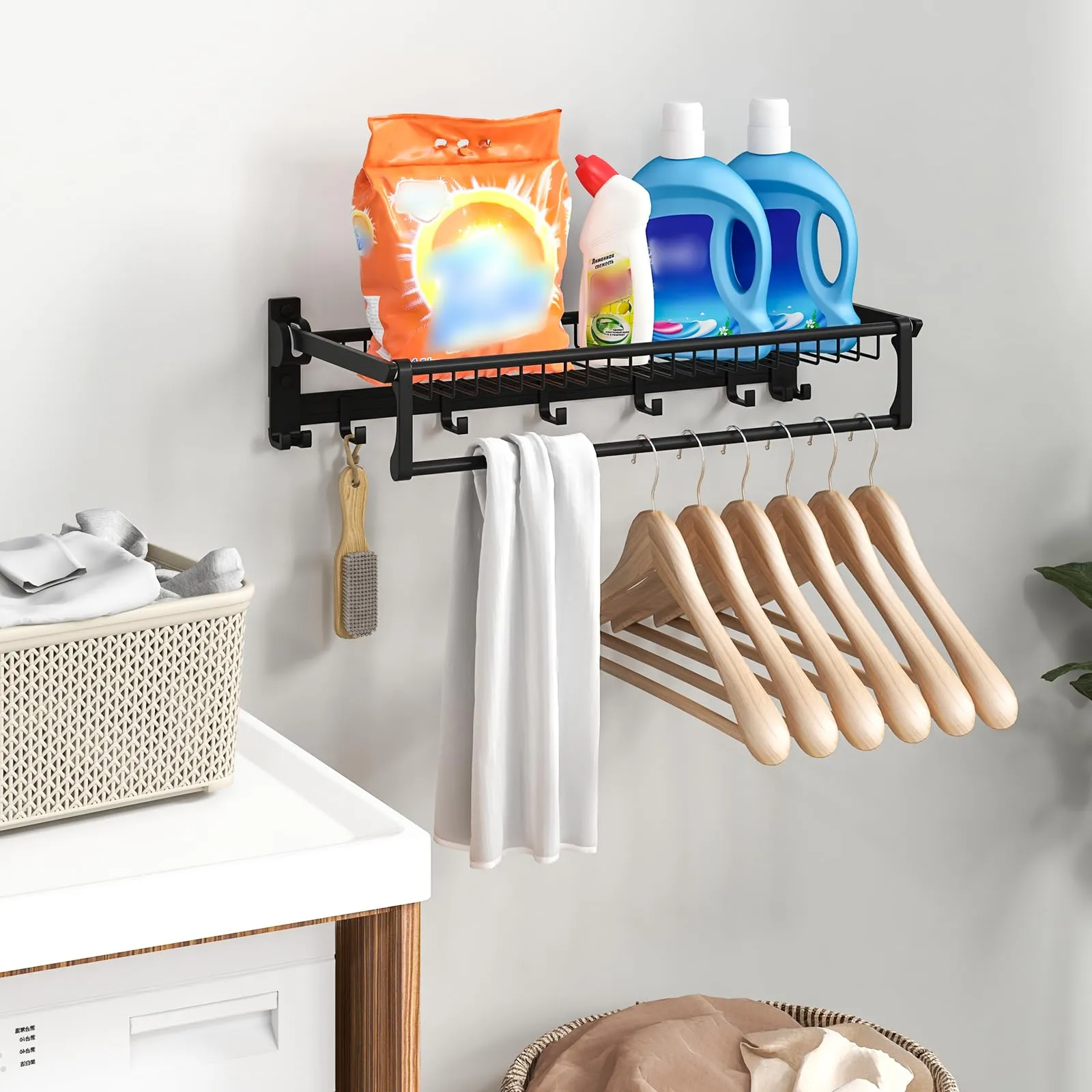 Giantex Foldable Towel Rack for Bathroom, Wall Mounted Towel Holder Organizer w/ 1 Basket, 1 Towel Bar & 5 Sliding Hooks