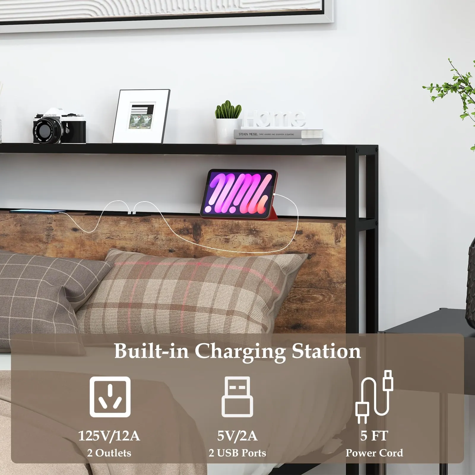 Giantex Full Bed Frame with Storage Headboard and Charging Station, with Outlets and USB Ports