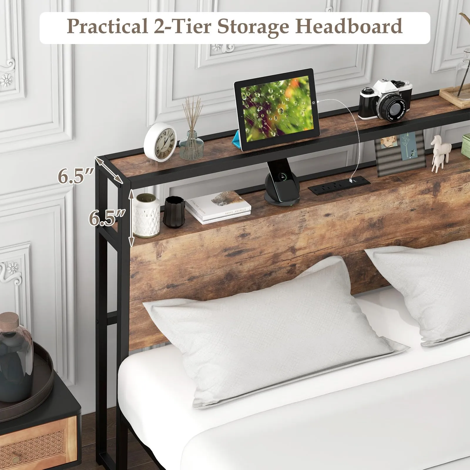 Giantex Full Bed Frame with Storage Headboard and Charging Station, with Outlets and USB Ports