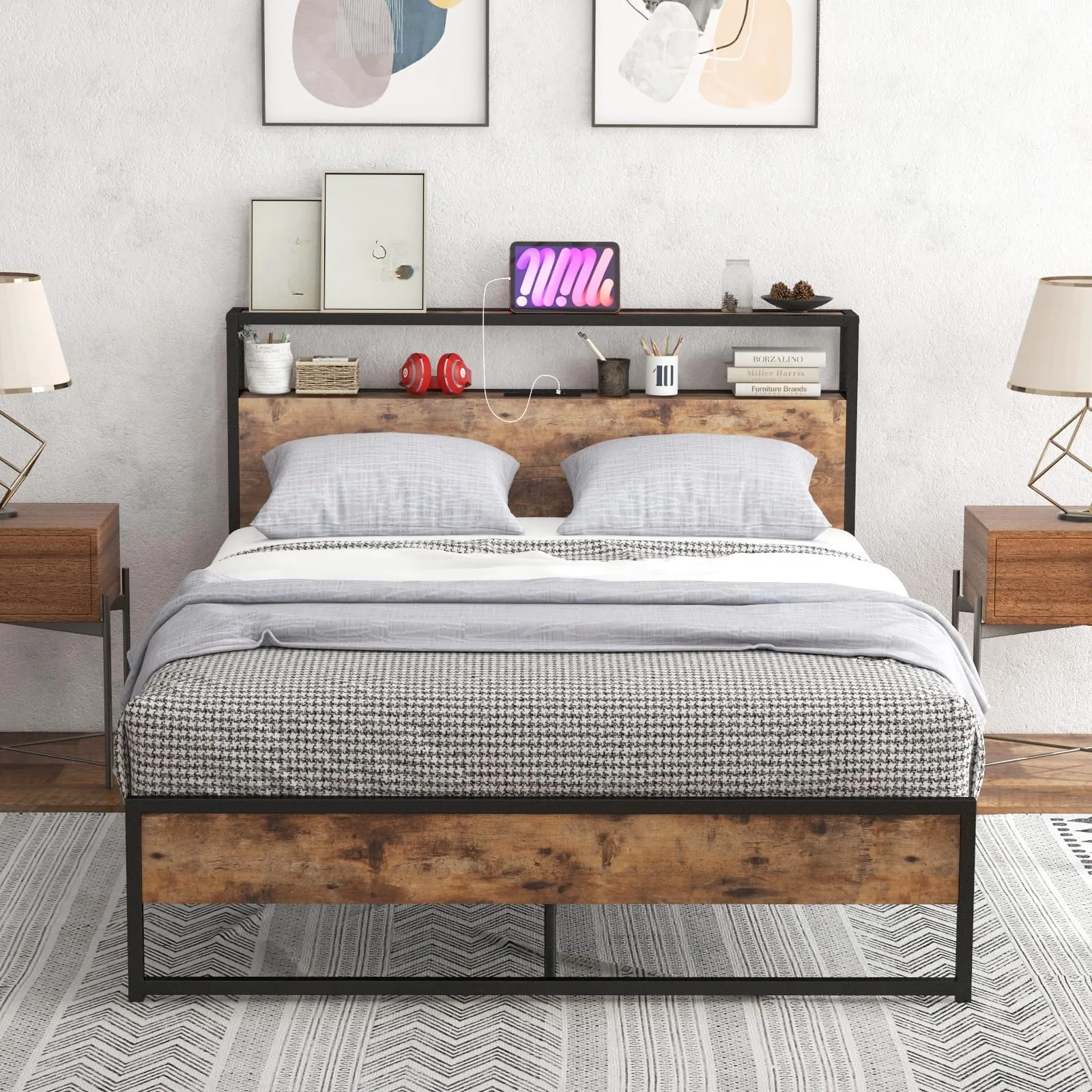 Giantex Full Bed Frame with Storage Headboard and Charging Station, with Outlets and USB Ports