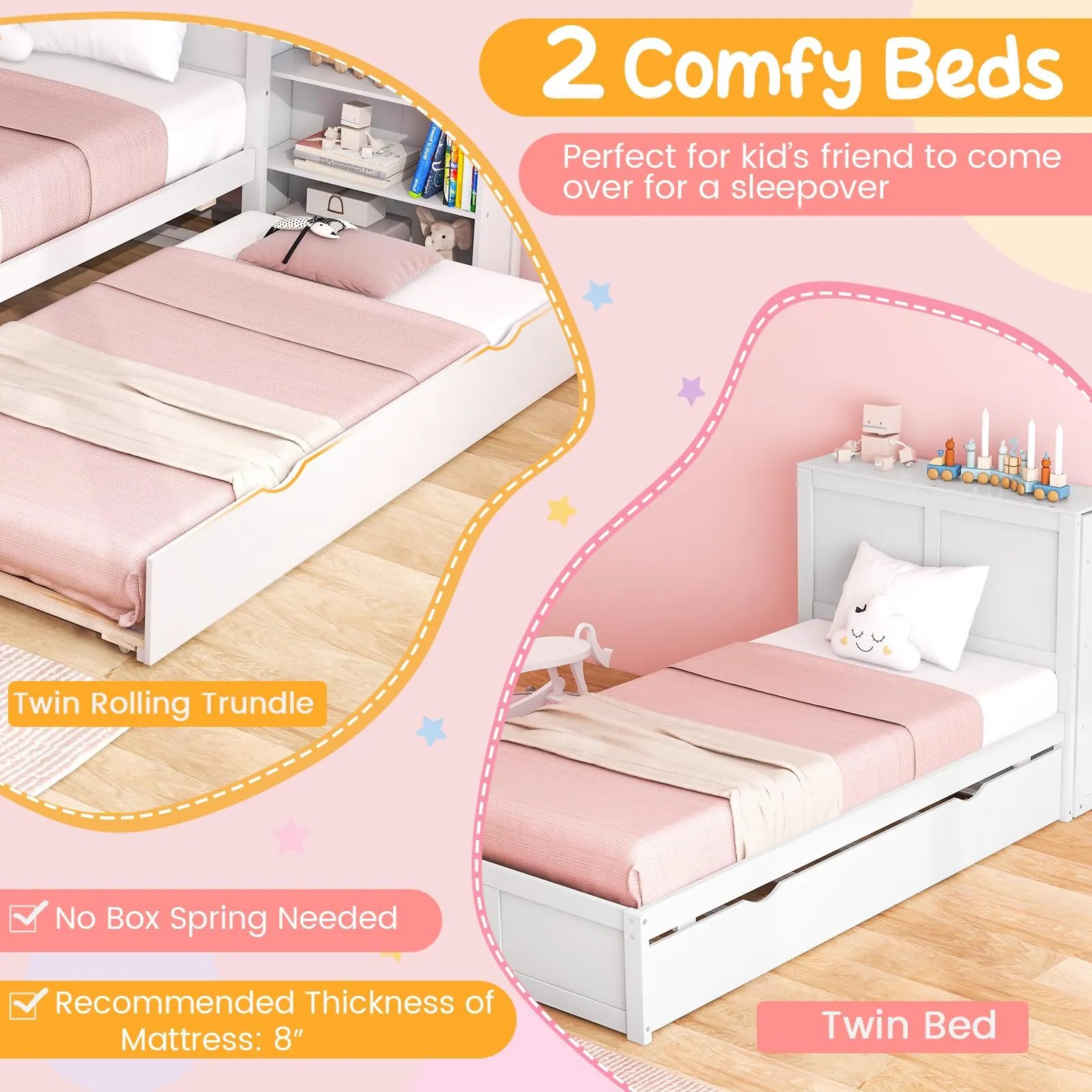 Giantex Full Bed Frame with Twin Trundle, Wooden Bed Wooden Bed Frame with 2 Rolling Bookcases & High Headboard