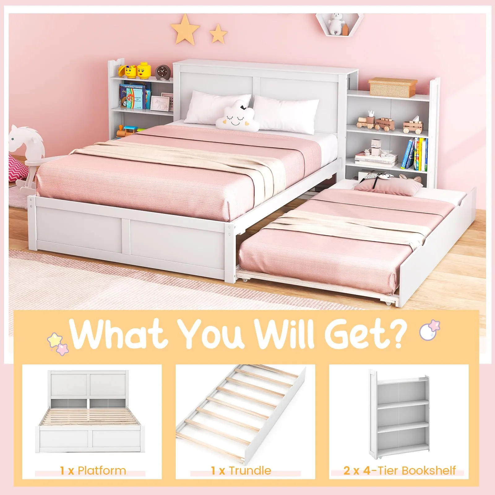 Giantex Full Bed Frame with Twin Trundle, Wooden Bed Wooden Bed Frame with 2 Rolling Bookcases & High Headboard