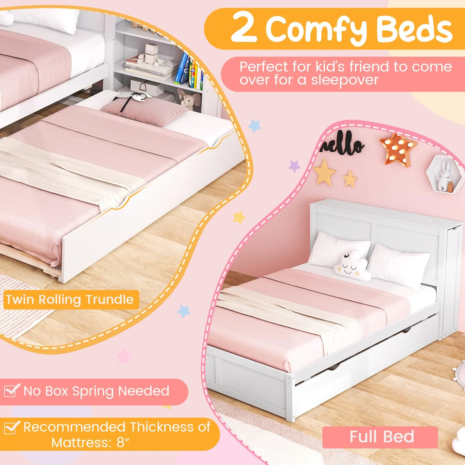 Giantex Full Bed Frame with Twin Trundle, Wooden Bed Wooden Bed Frame with 2 Rolling Bookcases & High Headboard