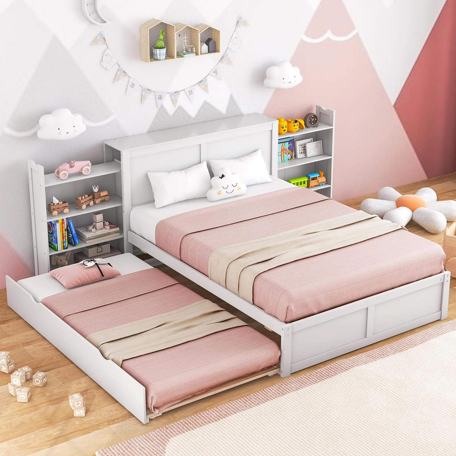 Giantex Full Bed Frame with Twin Trundle, Wooden Bed Wooden Bed Frame with 2 Rolling Bookcases & High Headboard