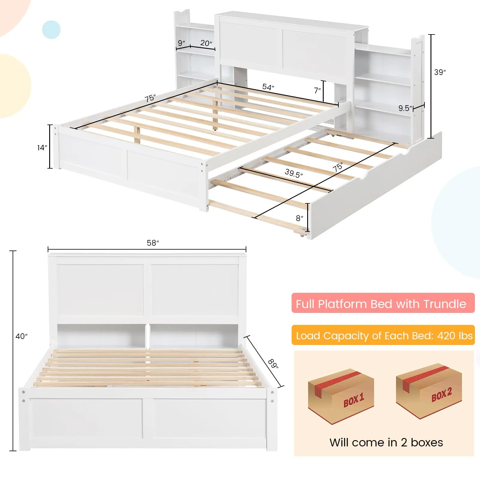 Giantex Full Bed Frame with Twin Trundle, Wooden Bed Wooden Bed Frame with 2 Rolling Bookcases & High Headboard
