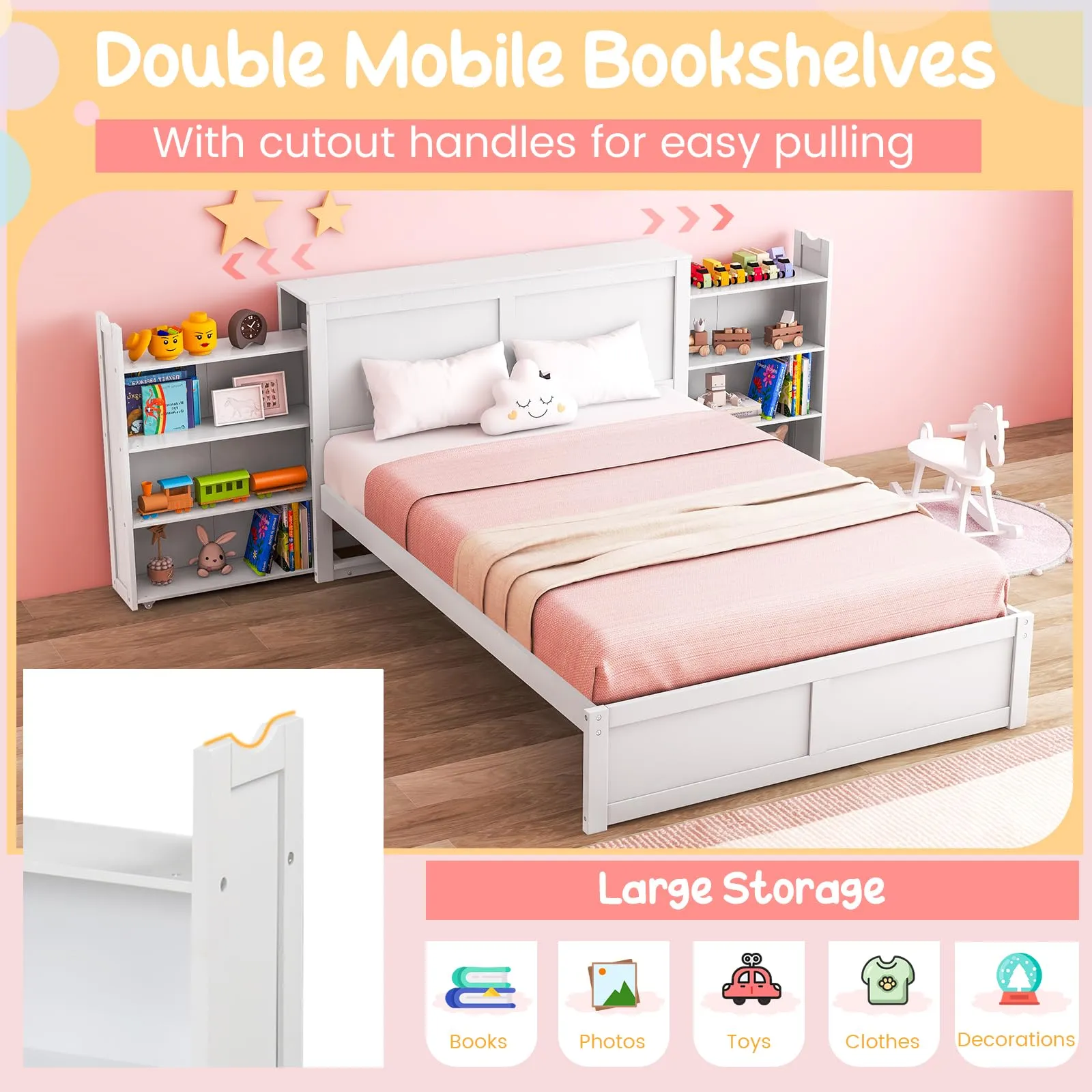 Giantex Full Bed Frame with Twin Trundle, Wooden Bed Wooden Bed Frame with 2 Rolling Bookcases & High Headboard