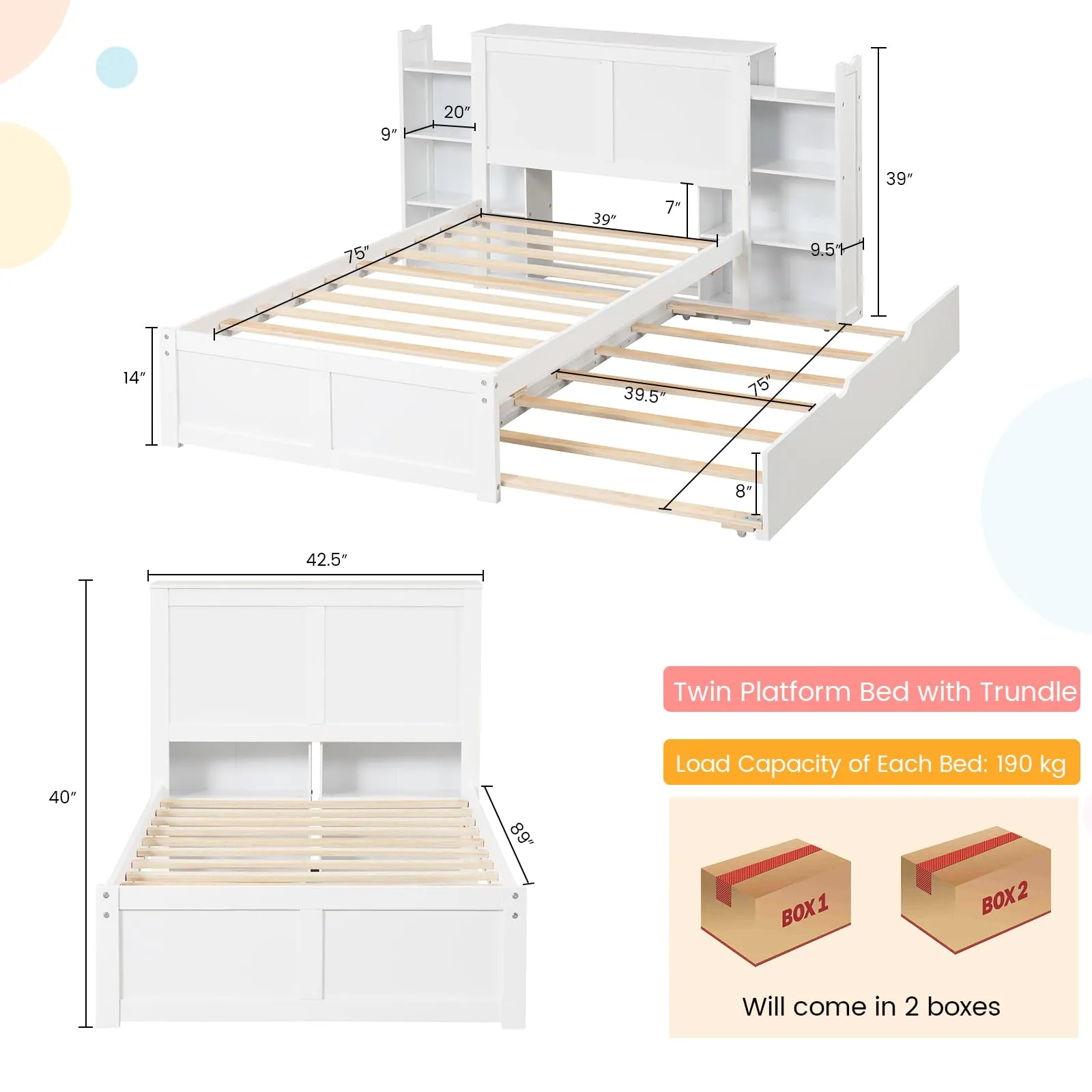 Giantex Full Bed Frame with Twin Trundle, Wooden Bed Wooden Bed Frame with 2 Rolling Bookcases & High Headboard